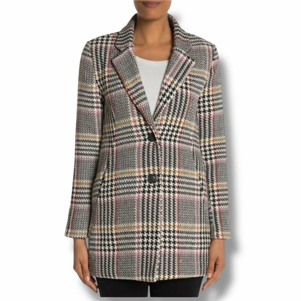 Sebby Collection Women's Glen Plaid Houndstooth Button Woven Coat White Black